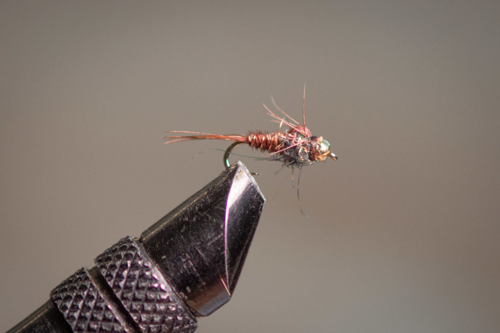 The Ice Dub Pheasant Tail is a great producer all season long. Peacock Ice Dub is used for the thorax instead of herl to add some extra flash, and a tungsten bead gets the fly in the strike zone. Tied in size 16. $2.00 each.